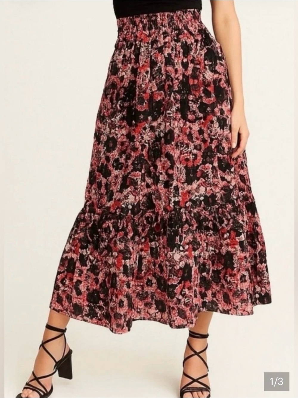 Maeve Black Floral Maxi Skirt with Red Accents